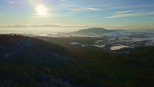 Mountains Covered Snowy Forest Aerial View