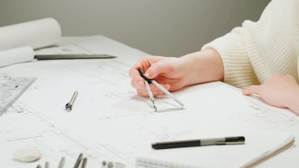 Architect Designer Using Compass to Draw Plan Blueprint Closeup