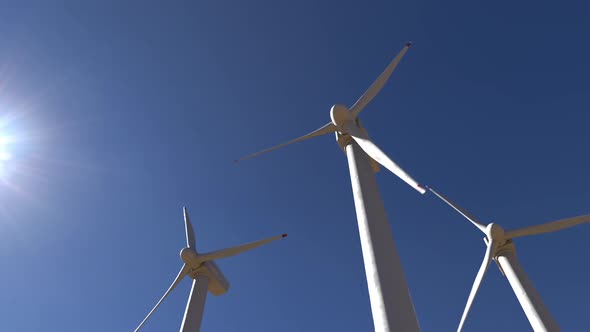 Wind farm against the sky, an animation on the theme of renewable electricity