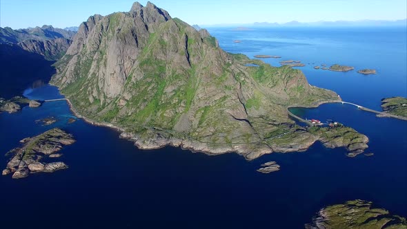 Aerial footage of beautiful Lofoten coast