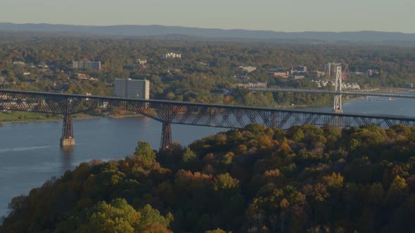 Low angle view of walkway and Mid-Hudson Bridge over Hudson river