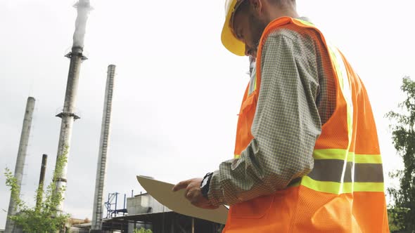 Male Engineer Architect Construction Supervisor in Hard Hat and Vest Working with Drawing Blueprint