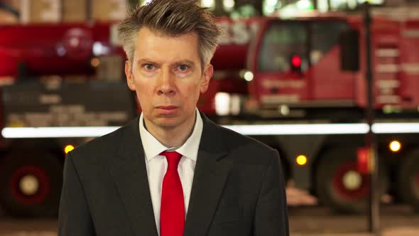 Businessman looking at camera at night