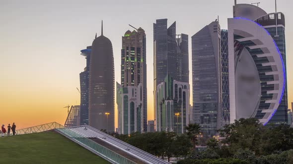 The Highrise District of Doha Day To Night Timelapse After Sunset
