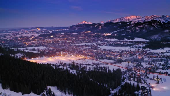 Aerial view of Zakopane at dusk in winter, Poland