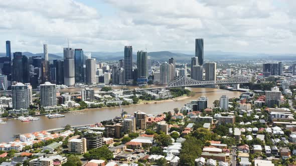 Drone Shot Of Brisbane Story Bridge and river.