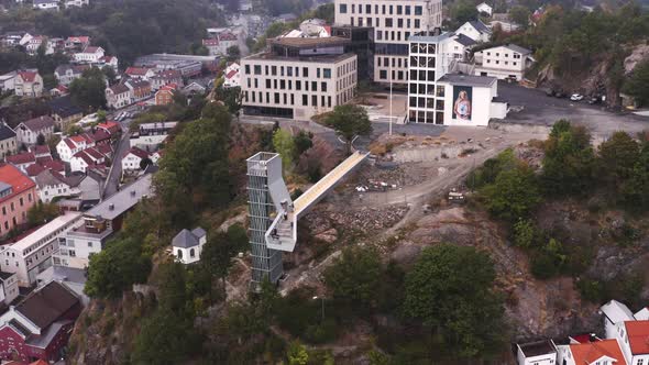 Tourists At The Lookout Of The Newly Built Glass Lift In Floyheia Park In Arendal, Norway. aerial