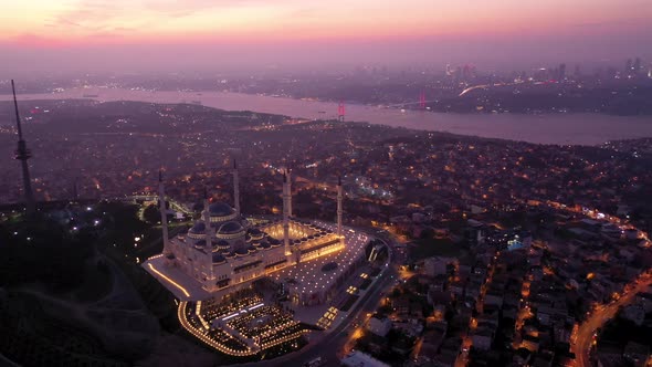 Aerial Drone View of Istanbul Camlica Mosque and Bosphorus. Biggest Mosque in Europa 04