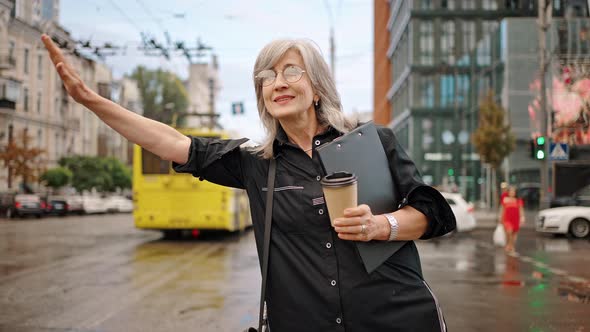 Outdoor Beautiful Grayhaired Business Woman Hailing a Taxi