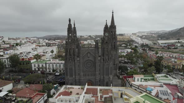 Aerial View Of Church of San Juan Bautista In Arucas. Circle Dolly