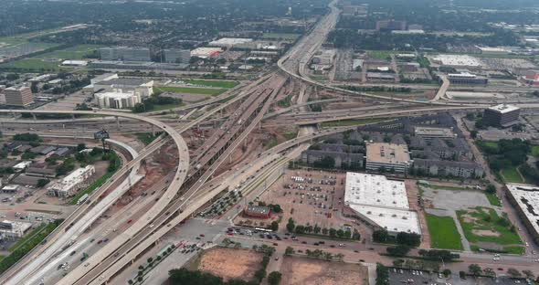 Birds eye view of traffic on 610 and 59 South freeway in Houston, Texas