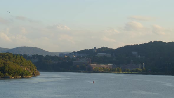 Aerial of Breakneck Ridge and settlement on coast of Hudson river