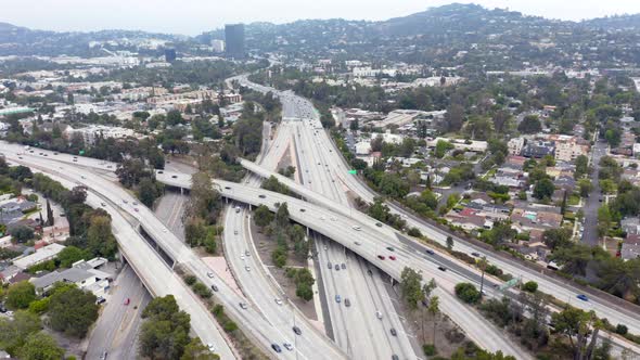 Los Angeles Aerial View. Multi-level Freeway and Cityscape Are in Frame.