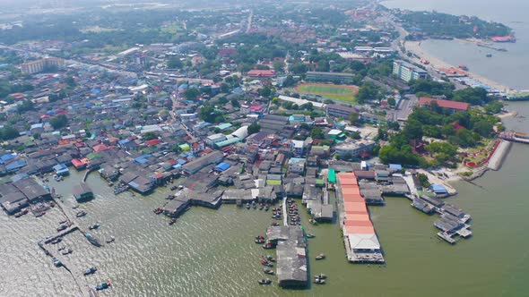 Aerial view of Ang Sila in Sri Racha district with sea, Chonburi skyline, Thailand. Urban city