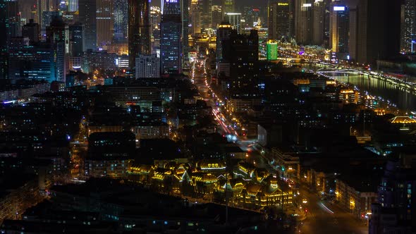 Tianjin Night Aerial Cityscape Panorama China Timelapse Pan Up