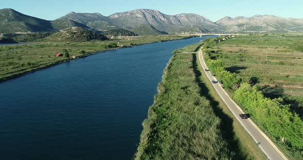 Aerial view of the Neretva delta valley river