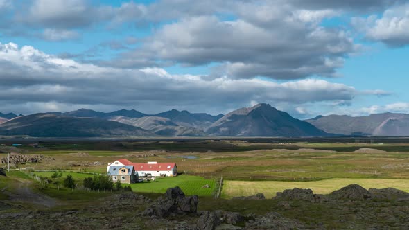 Clouds Move Over the Mountains and the Plain in Iceland