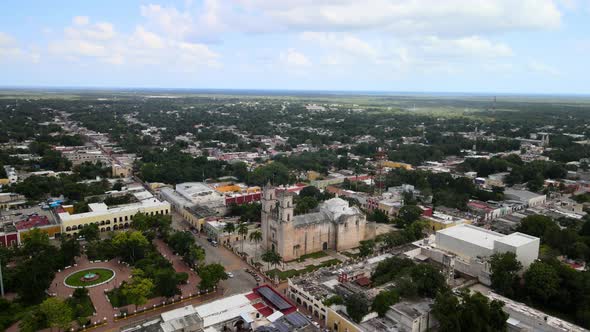 Aerial shot of main park in valladolid Mexico