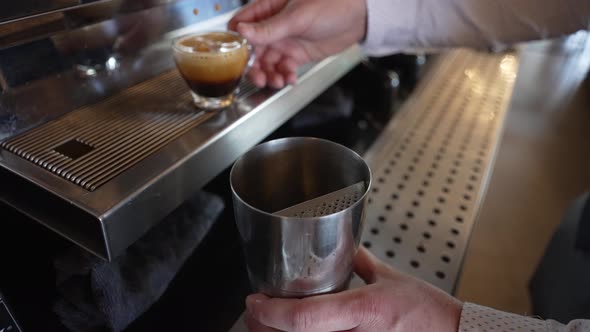 Barista Preparing Freddo Espresso at Coffee Shop, Static Close Up Shot