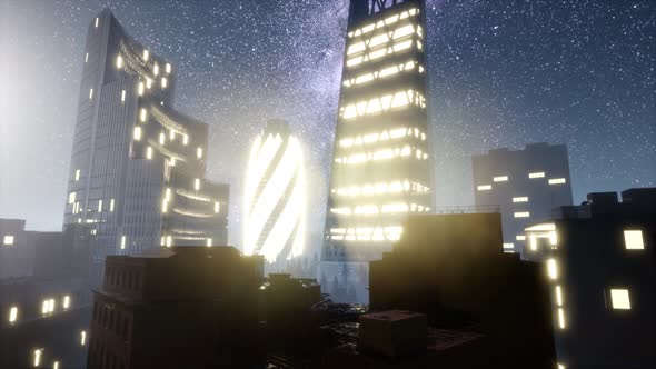 City Skyscrapes at Night with Milky Way Stars