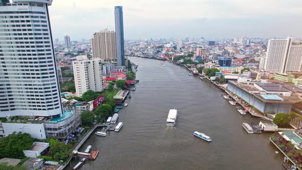 Aerial view over Bangkok city and Chao phraya river