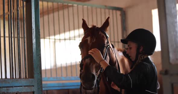 Woman Putting Stirrup on Horse at Horse Farm