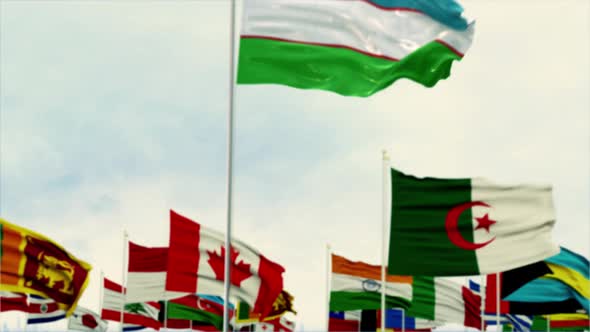Uzbekistan Flag With World Globe Flags Morning Shot alt