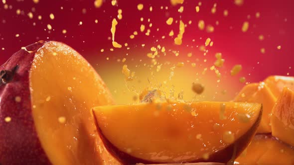 Slow Motion Shot of Mango Juice Splashing Through Mango Slices