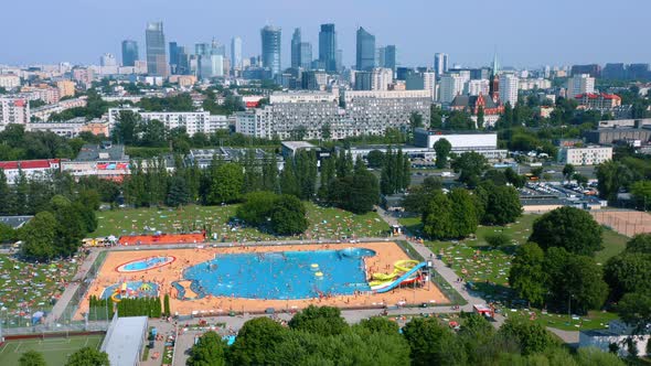 Aerial View of Open Air Swimming Pool in City of Warsaw Poland