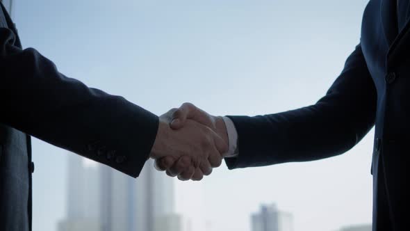 Businessmen Shaking Hands At The Window In The Office Closeup