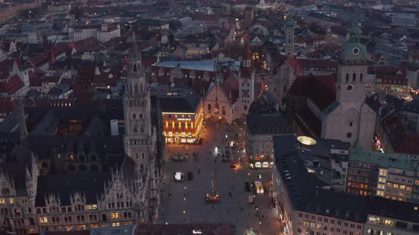 Beautiful Marienplatz Famous City Square in Center of Munich, Germany After Sunset with Scenic City