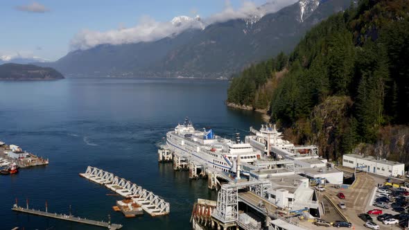 Commercial Ferry Harbor Of BC Ferries In Horseshoe Bay, BC, West Vancouver, Canada With View Of Scen