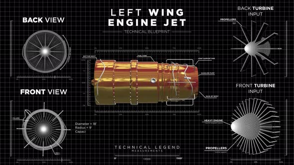 Display HUD of Left Wing Jet Engine with Blueprints on Black Wireframe Background