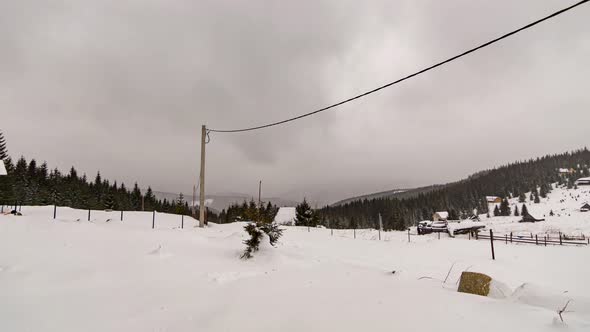 Blizzard Over Mountain Forest In Winter