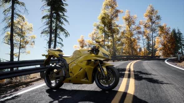 Sportbike on Tre Road in Forest with Sun Beams