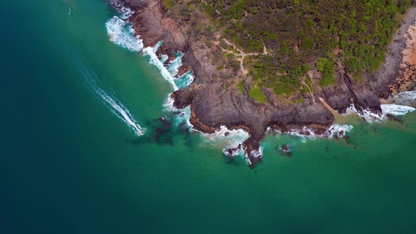 Beautiful Coastline With Sailing Speedboat On The Turquoise Waterfront In Noosa Heads, Queensland, A