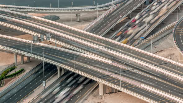 Top View City Traffic on a Big Crossroad in Business Bay Timelapse