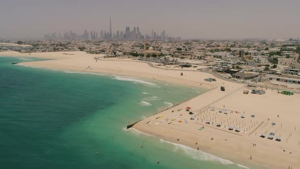 Aerial view of Jumeirah public beach during a dusty day, Dubai, U.A.E.