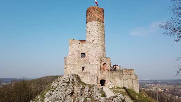 Old European Castle. Birds Are Flying. Polish Flag.