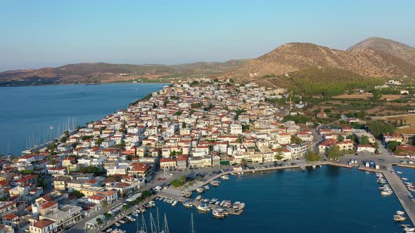 Aerial View of Ermioni Old Town and Marina or Seaport Greece  Drone Videography