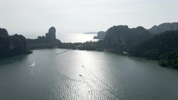 Aerial View of Railay Beach at Sunset with Sunlight Reflection in Water Thailand