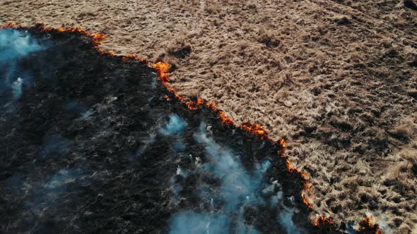 Aerial View of Big Smoke Clouds and Fire on the Field