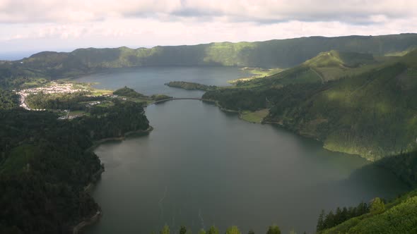 Aerial view of abandoned hotel near Lagoa Azul lake.