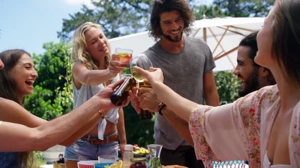 Group of happy friends toasting glasses of drinks at outdoors barbecue party