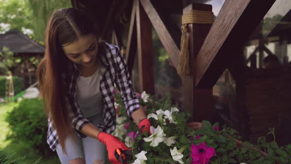 Florist in Protective Gloves Cutting Dry Leaves on Plants