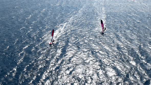 Wind surfers in action.