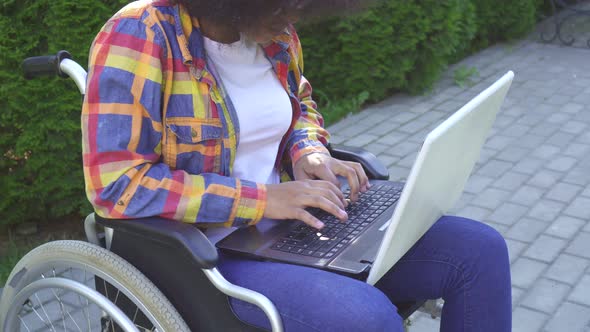 African American Woman with an Afro Hairstyle Disabled in a Wheelchair Uses a Laptop Sunflare
