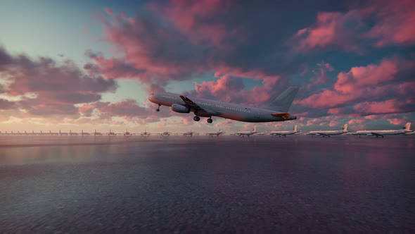 Passenger Plane Takes Off at Sunset alt