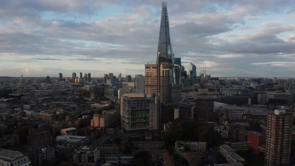 Aerial View of London City Skyline with Shard and Tower Bridge in the Foreground