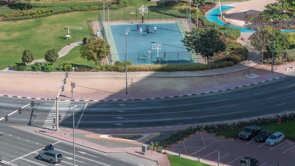 Basketball Court at Park in Jumeirah Lakes Towers District Timelapse a Popular Residential District